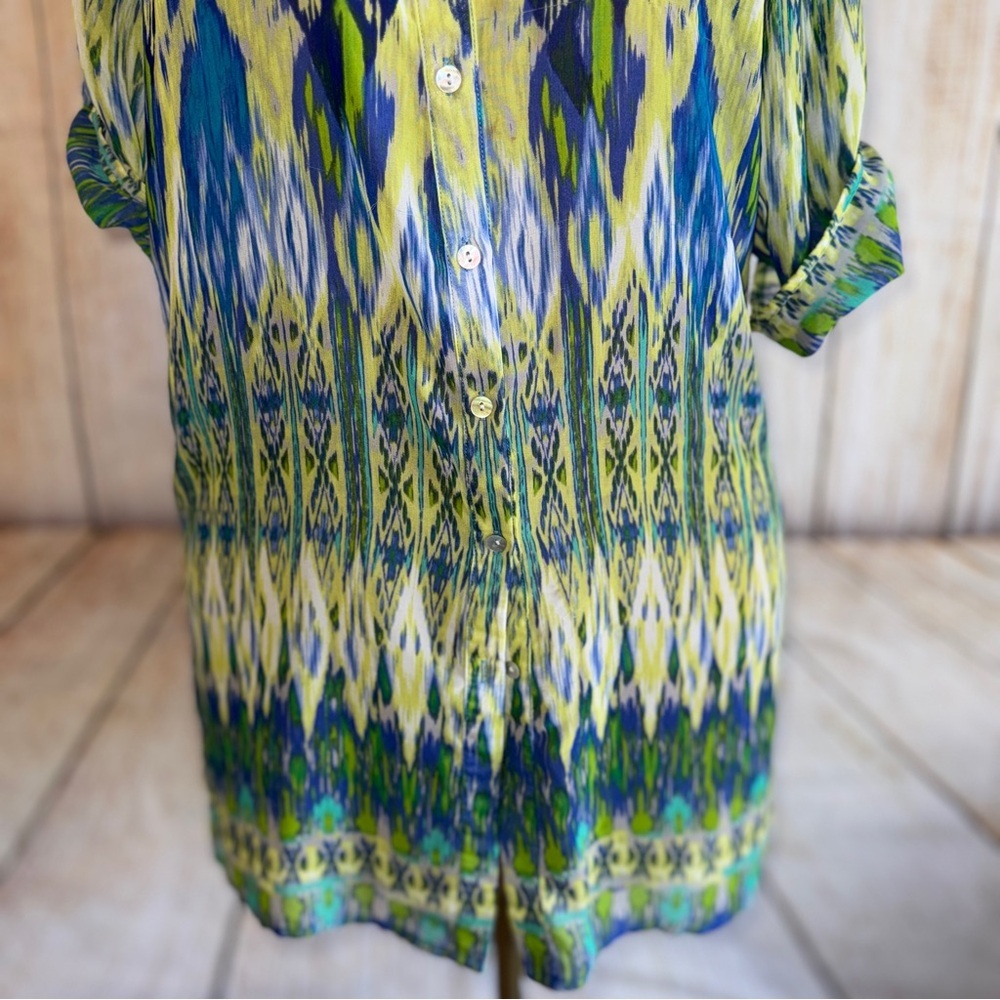 CHICO'S Sheer Tunic Top, Blue & Green Patterned, Button Up Or Cardigan Sz 1 Or M - Picture 2 of 11